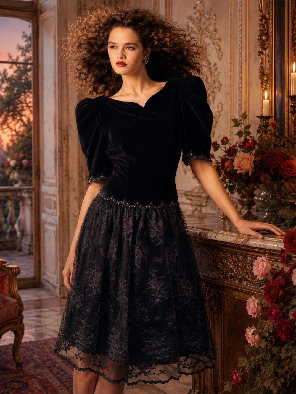 Vintage Scott McClintock Black Velvet Lace Dress Victorian Romance Whimsygoth 12